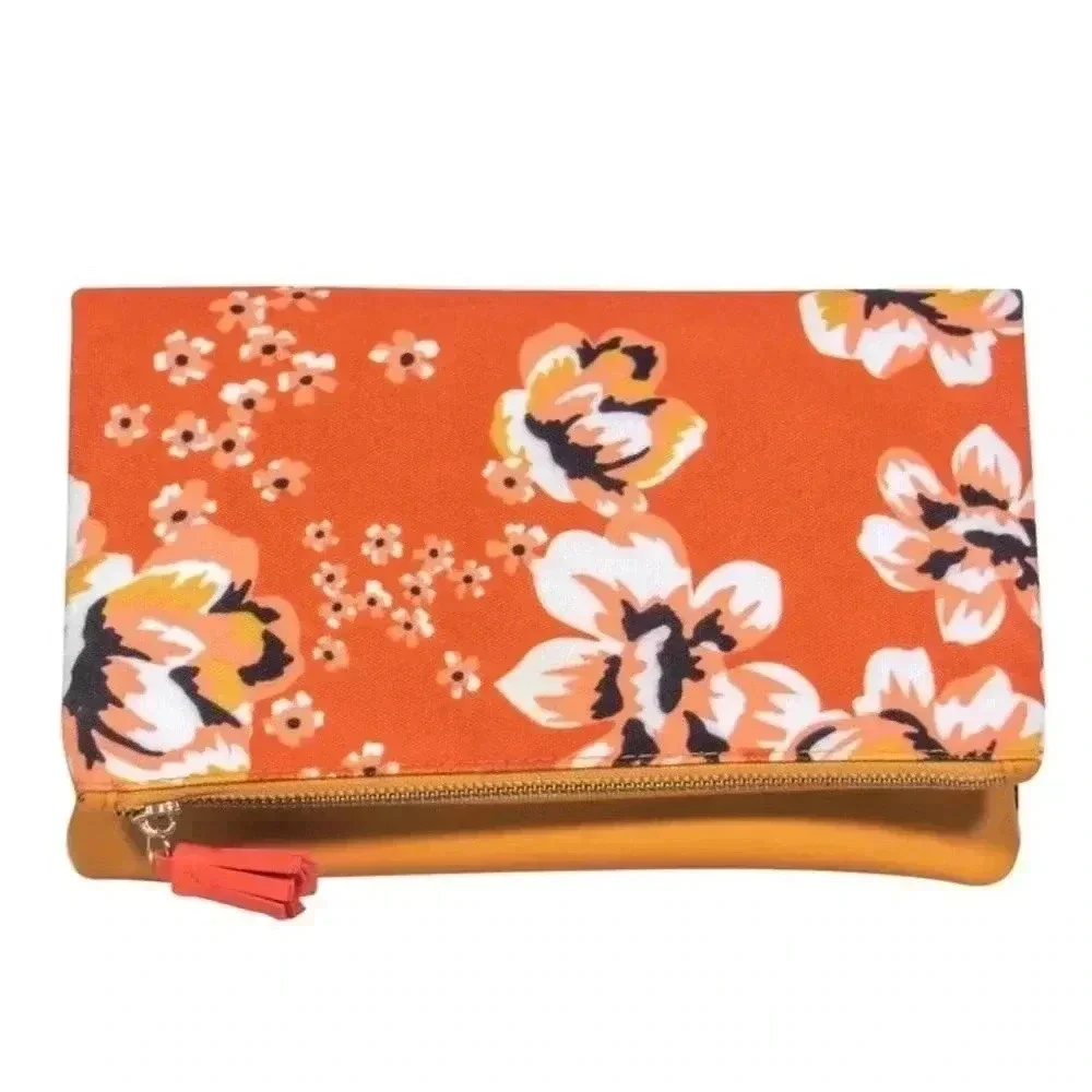 RACHEL PALLY REVERSIBLE Orange Yellow Canvas & Leather Floral Print CLUTCH